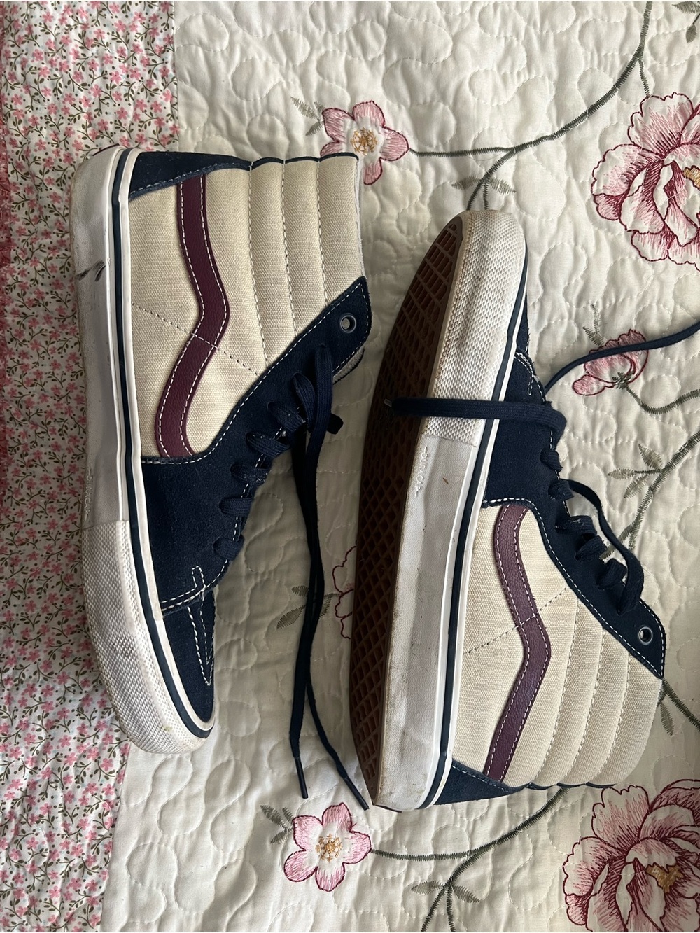 Vans High-Top Sneakers in Navy, Cream & Maroon Accent